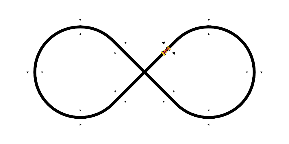 Line following race car on the starting line of an infinity shaped line following track seen from above.