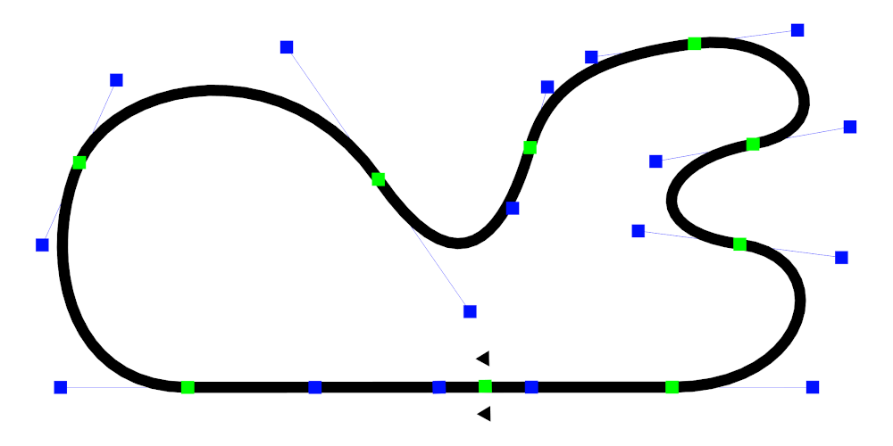 Top view of a line racing track in edit mode. The control points to manipulate the track are visible.