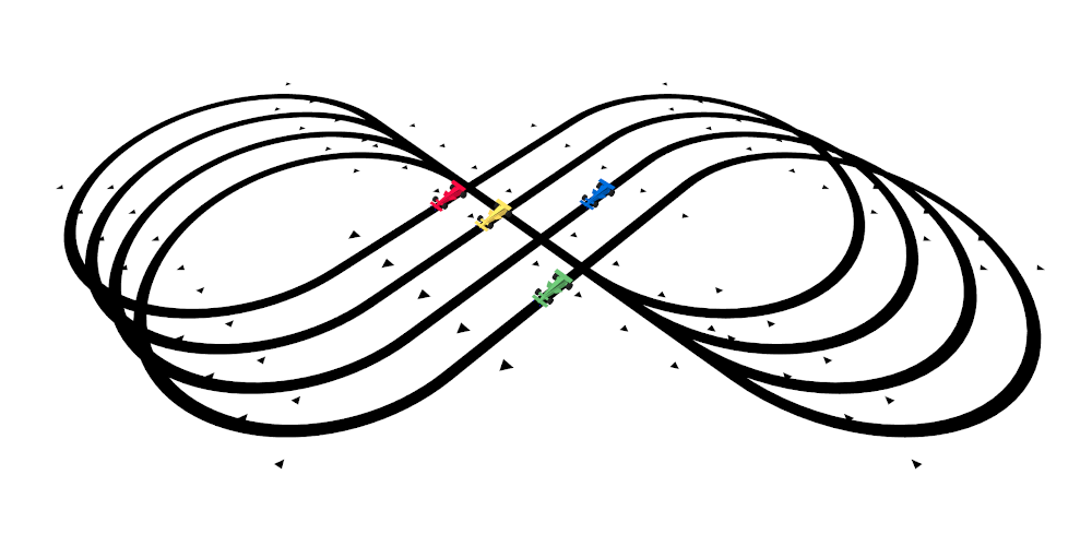 Four line following race cars competing on an infinity shaped line following race track.